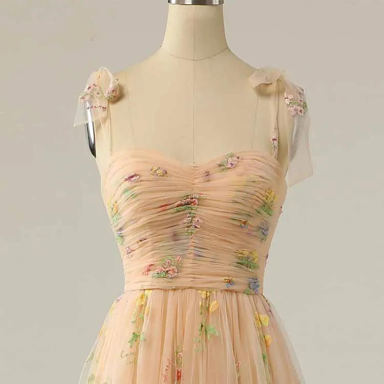 Cute A Line Spaghetti Straps Champagne Prom Dress with Embroidery