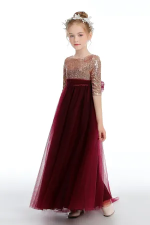 Cute Burgundy A Line Tulle Flower Girl Dresses With Sequins APF0025