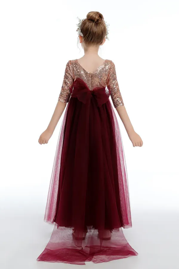 Cute Burgundy A Line Tulle Flower Girl Dresses With Sequins APF0025