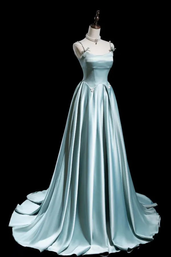 Cute Satin Long A Line Prom Dress, Ice Blue Spaghetti Straps Evening Dress APP1004