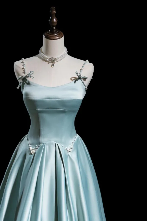 Cute Satin Long A Line Prom Dress, Ice Blue Spaghetti Straps Evening Dress APP1004