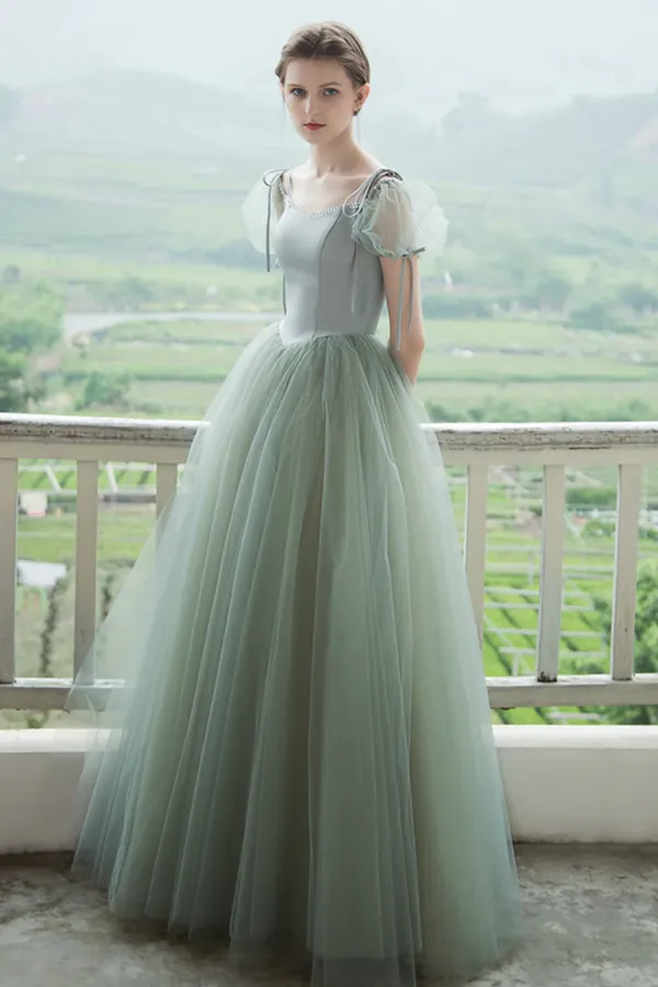 Cute Tulle Long Prom Dresses, A Line Short Sleeve Graduation Dresses APP0969
