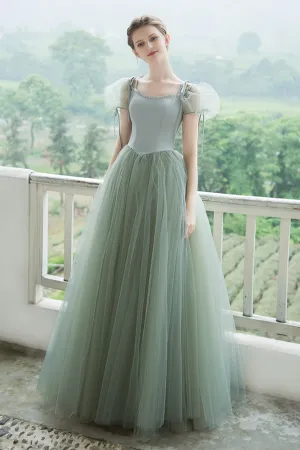 Cute Tulle Long Prom Dresses, A Line Short Sleeve Graduation Dresses APP0969