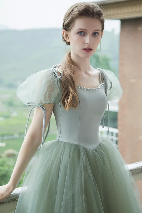 Cute Tulle Long Prom Dresses, A Line Short Sleeve Graduation Dresses APP0969