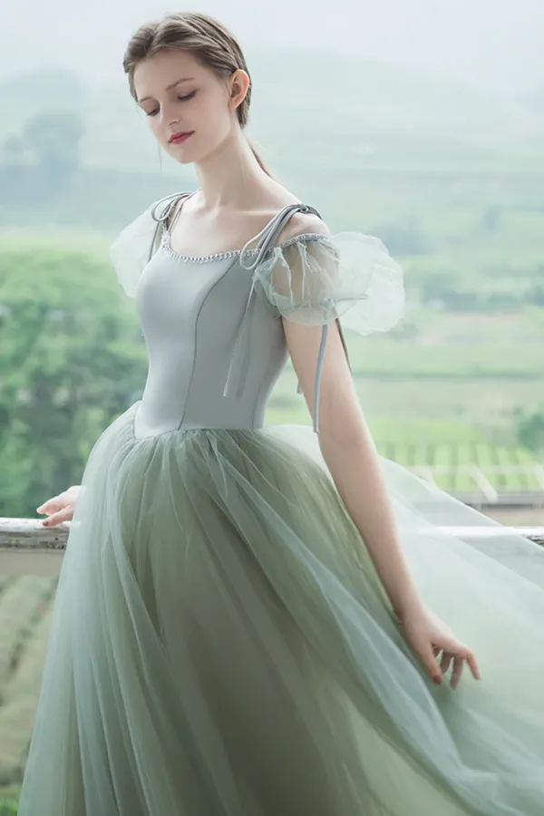 Cute Tulle Long Prom Dresses, A Line Short Sleeve Graduation Dresses APP0969
