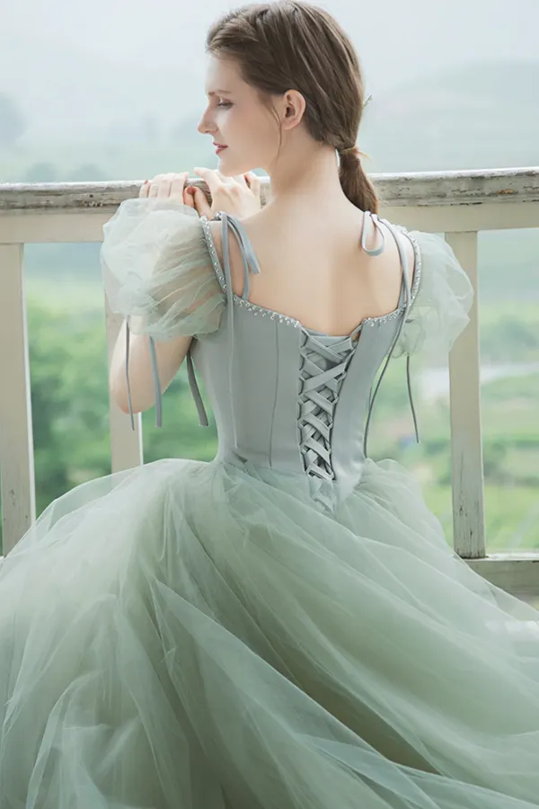 Cute Tulle Long Prom Dresses, A Line Short Sleeve Graduation Dresses APP0969