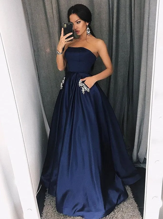 Dark Blue Strapless Floor Length Prom Dress with Pockets Beading Evening Dresses Prom