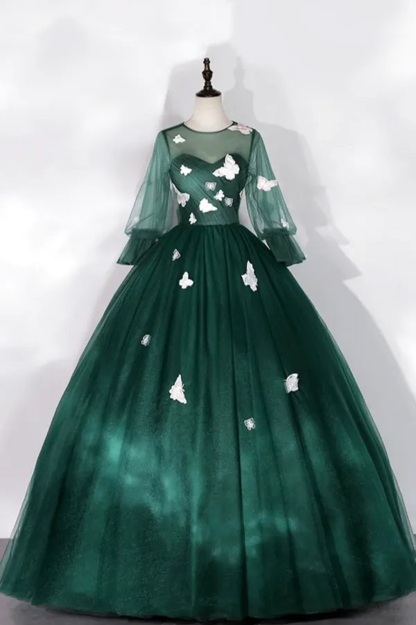 Dark Green Tulle Floor Length Prom Dress with Butterfly Appliques, A Line Long Sleeve Party Dress APP0921