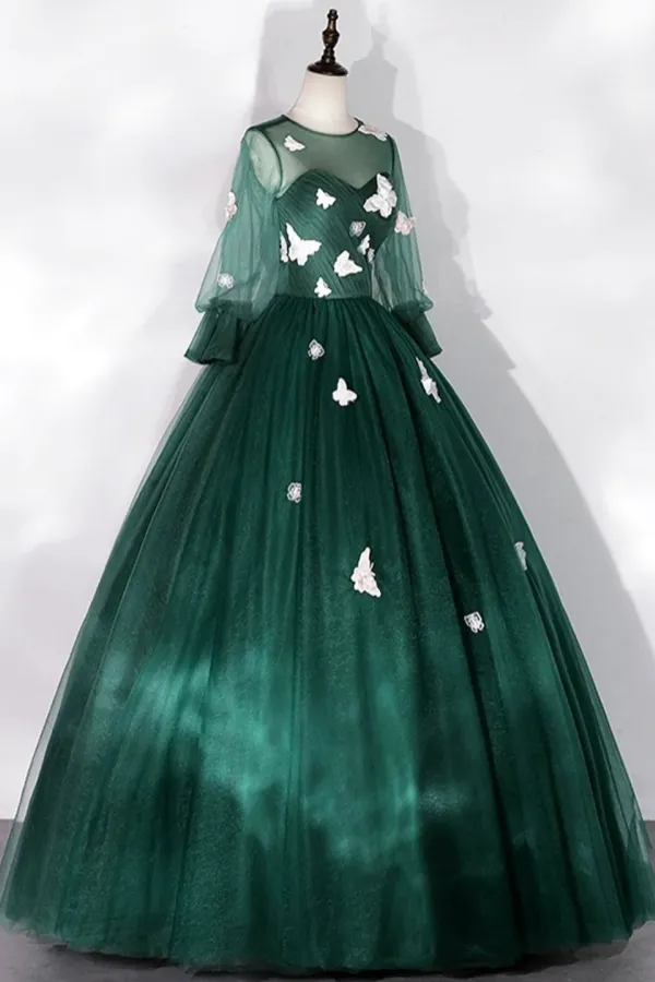 Dark Green Tulle Floor Length Prom Dress with Butterfly Appliques, A Line Long Sleeve Party Dress APP0921