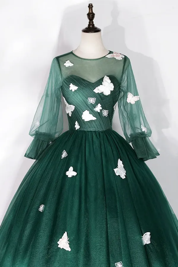 Dark Green Tulle Floor Length Prom Dress with Butterfly Appliques, A Line Long Sleeve Party Dress APP0921