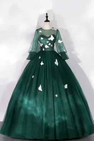 Dark Green Tulle Floor Length Prom Dress with Butterfly Appliques, A Line Long Sleeve Party Dress APP0921