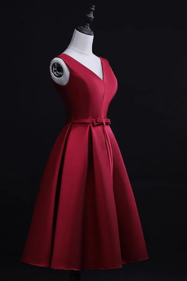 Dark Red Satin Short Homecoming Dress, Lovely Bridesmaid Dress APH0257