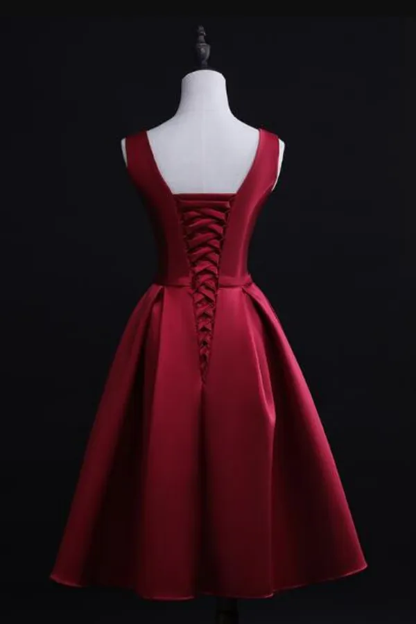 Dark Red Satin Short Homecoming Dress, Lovely Bridesmaid Dress APH0257