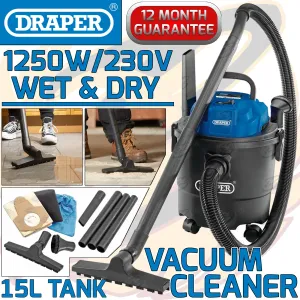 DRAPER WET AND DRY VACUUM CLEANER 15L 1250W / 230V WATER DIRT CARPET WASHER