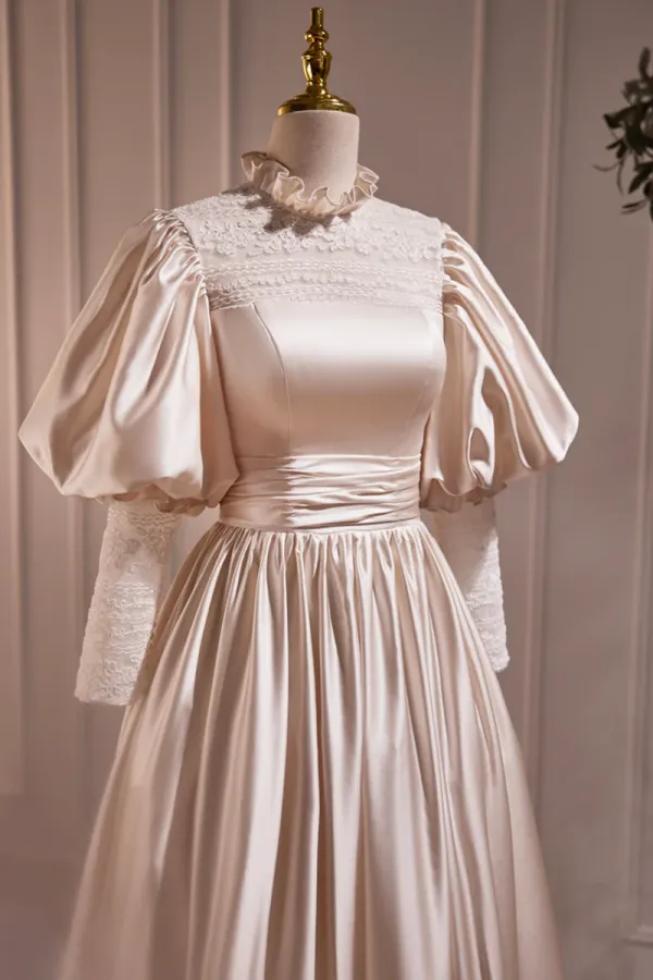 Elegant Champagne Satin A Line Prom Dress, Champagne Ruffle High Neck Puffy Short Sleeve Backless Evening Dress APP0824