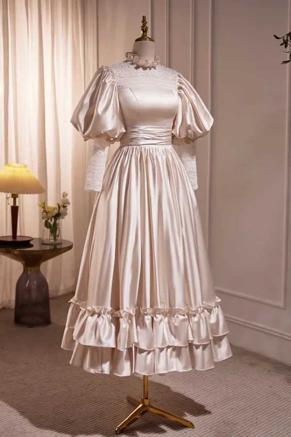 Elegant Champagne Satin A Line Prom Dress, Champagne Ruffle High Neck Puffy Short Sleeve Backless Evening Dress APP0824