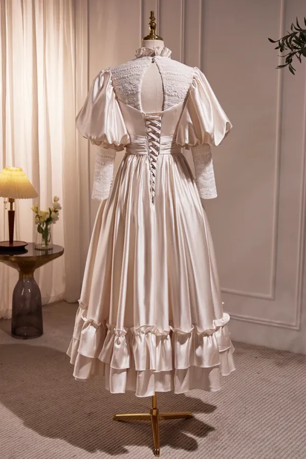 Elegant Champagne Satin A Line Prom Dress, Champagne Ruffle High Neck Puffy Short Sleeve Backless Evening Dress APP0824