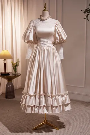 Elegant Champagne Satin A Line Prom Dress, Champagne Ruffle High Neck Puffy Short Sleeve Backless Evening Dress APP0824