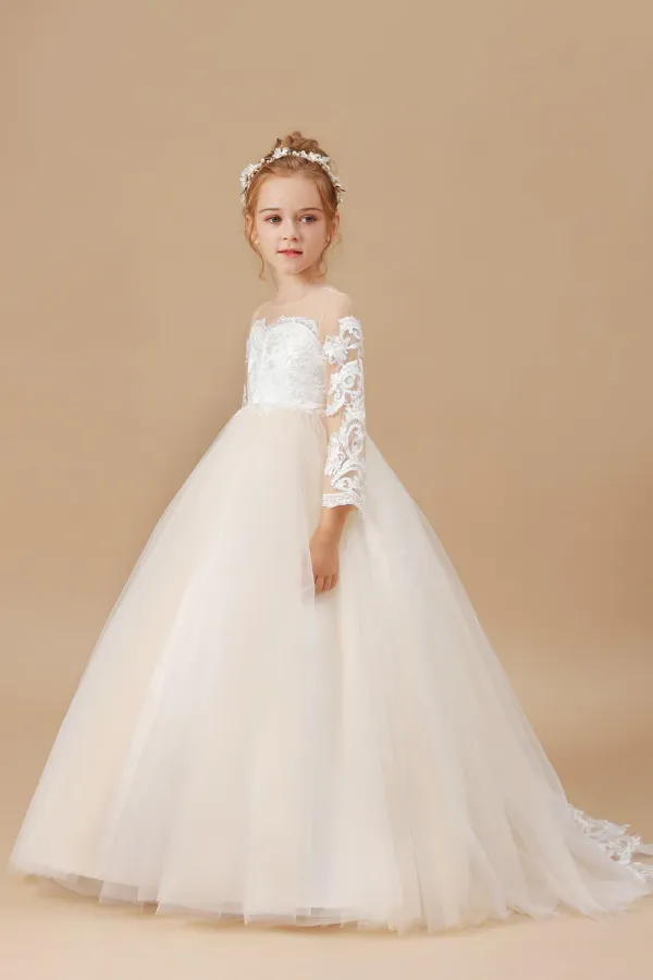 Floor Length Long Sleeves Lace Tulle Satin Flower Girl Dresses APF0021