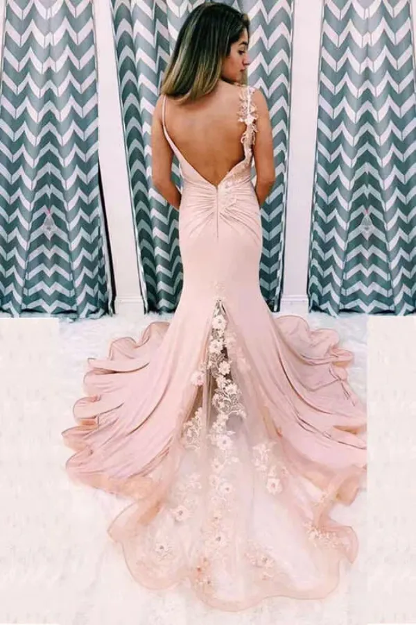 Gorgeous Pink Satin Mermaid Long Prom Dress With Applique, Formal Dress APP0726