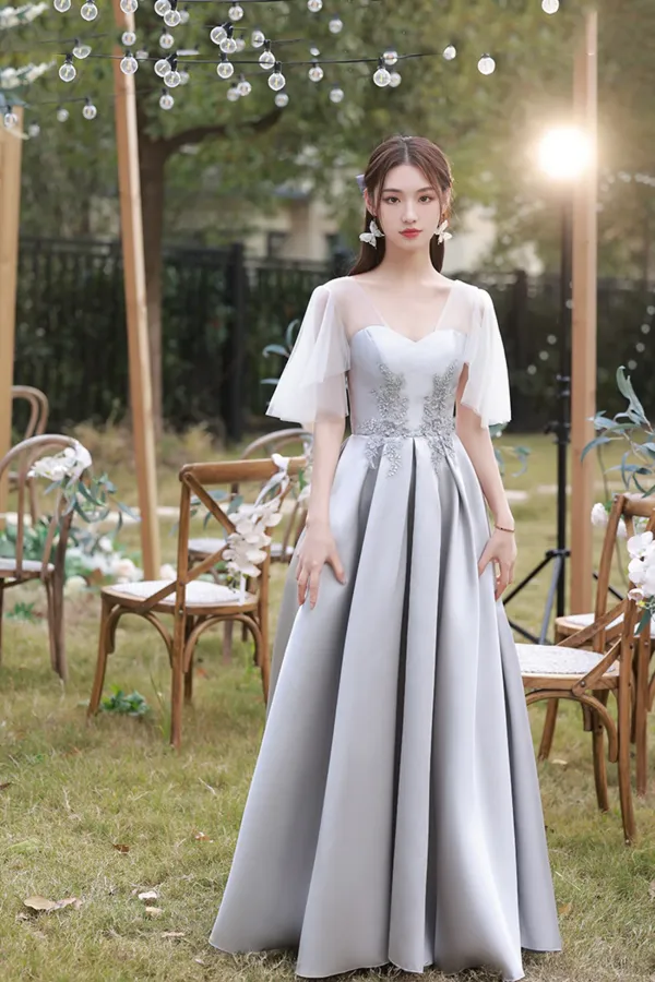 Gray Saitn Lace Long Prom Dress, A Line Evening Dress APP0968