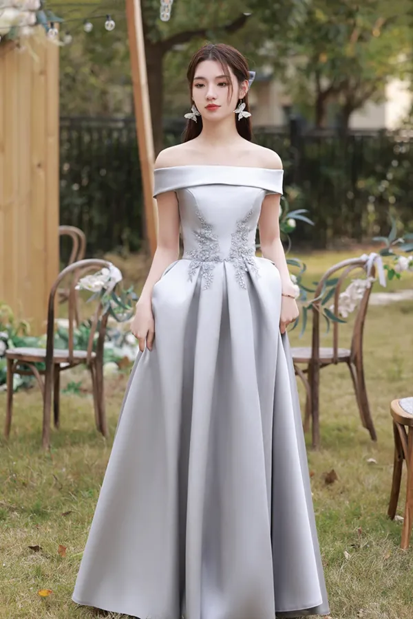 Gray Saitn Lace Long Prom Dress, A Line Evening Dress APP0968