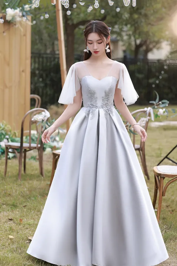 Gray Saitn Lace Long Prom Dress, A Line Evening Dress APP0968