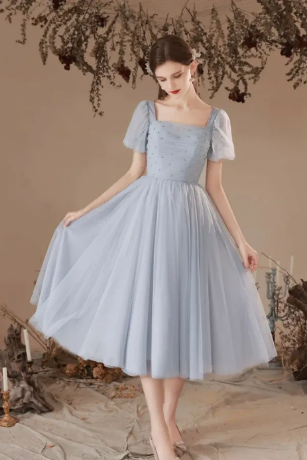 Gray Tulle Pearl Short Sleeve Tea Length Prom Dress Bridesmaid Dress APH0209