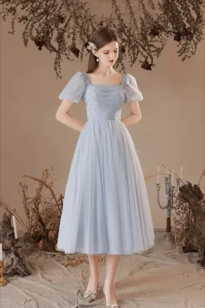 Gray Tulle Pearl Short Sleeve Tea Length Prom Dress Bridesmaid Dress APH0209