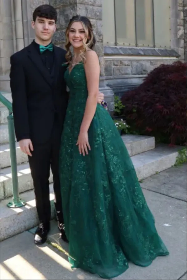Green Tulle Lace A Line V Neck Floor Length Prom Dresses, Evening Dresses APP0771