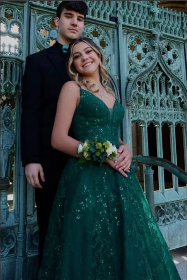 Green Tulle Lace A Line V Neck Floor Length Prom Dresses, Evening Dresses APP0771