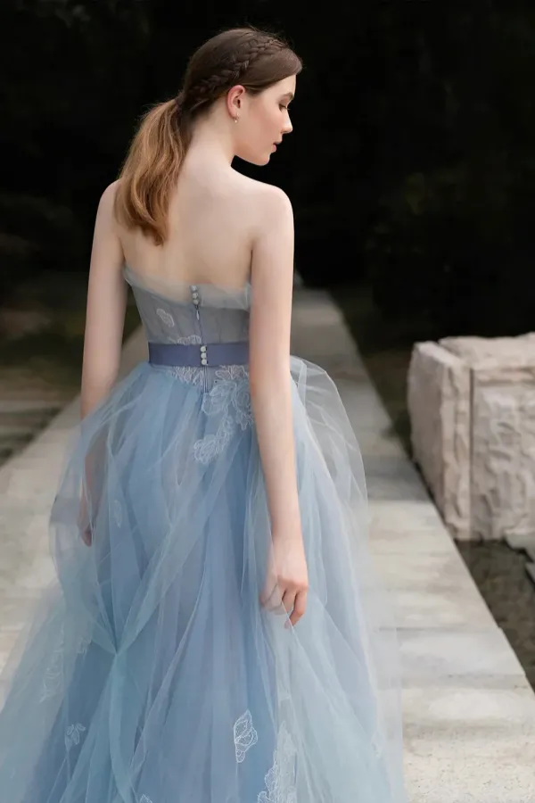 Grey Blue Strapless Lace Long Prom Dress, A Line Tulle Evening Party Dress APP0936