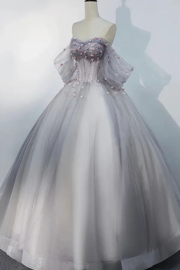 Grey Tulle Sweetheart Flowers Formal Dress, Off the Shoulder A Line Prom DressAPP1104