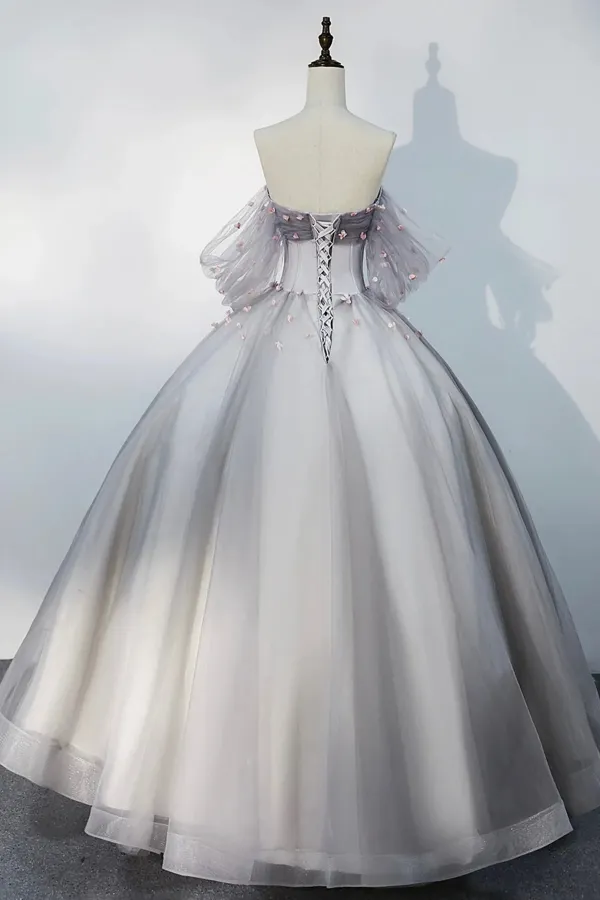 Grey Tulle Sweetheart Flowers Formal Dress, Off the Shoulder A Line Prom DressAPP1104