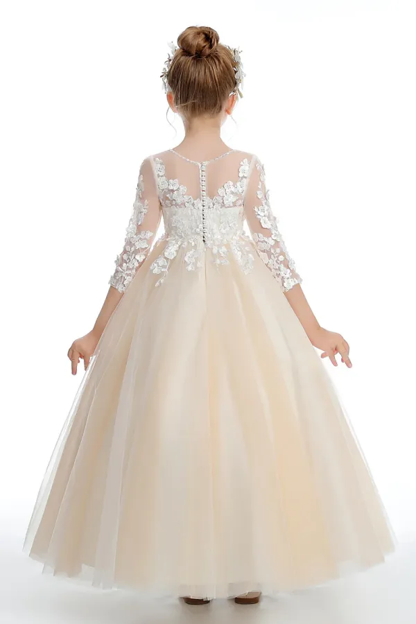 Half Sleeves Floor Length Champagne Tulle Flower Girl Dresses With Lace APF0004