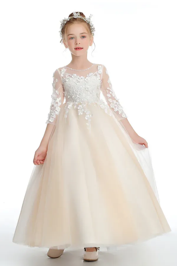 Half Sleeves Floor Length Champagne Tulle Flower Girl Dresses With Lace APF0004