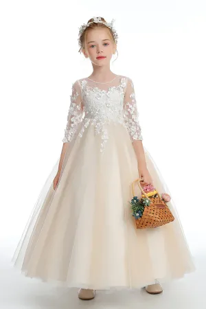 Half Sleeves Floor Length Champagne Tulle Flower Girl Dresses With Lace APF0004