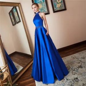 Halter Sleeveless A Line Satin Prom Dresses Open Back Sequined Floor Length Evening Dresses
