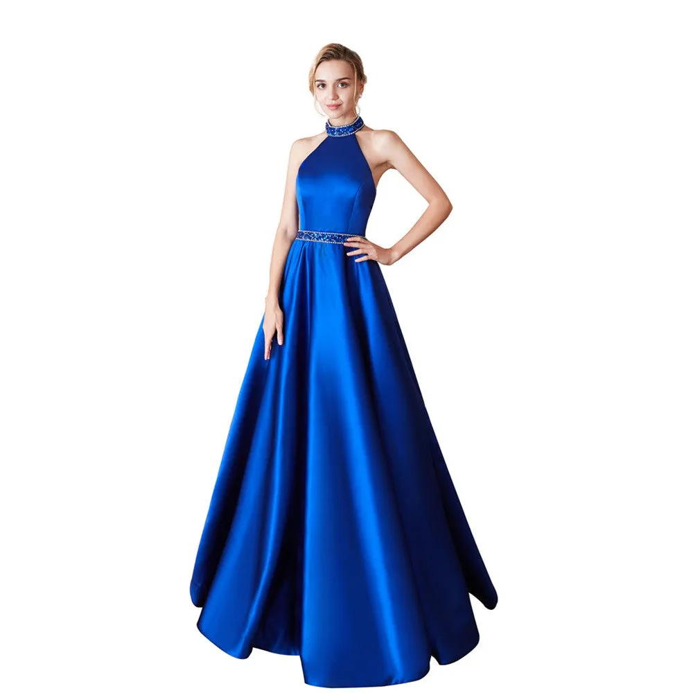 Halter Sleeveless A Line Satin Prom Dresses Open Back Sequined Floor Length Evening Dresses