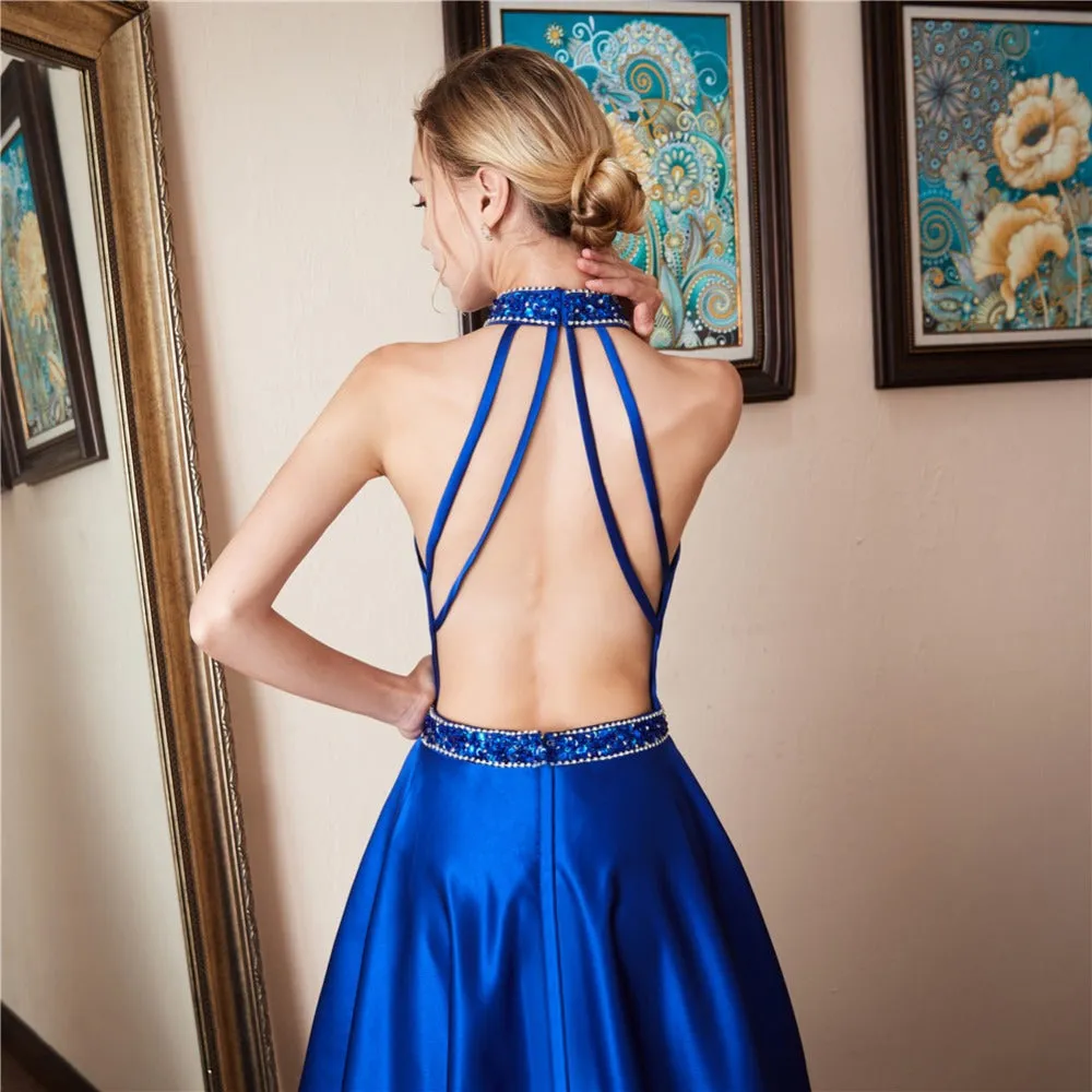 Halter Sleeveless A Line Satin Prom Dresses Open Back Sequined Floor Length Evening Dresses