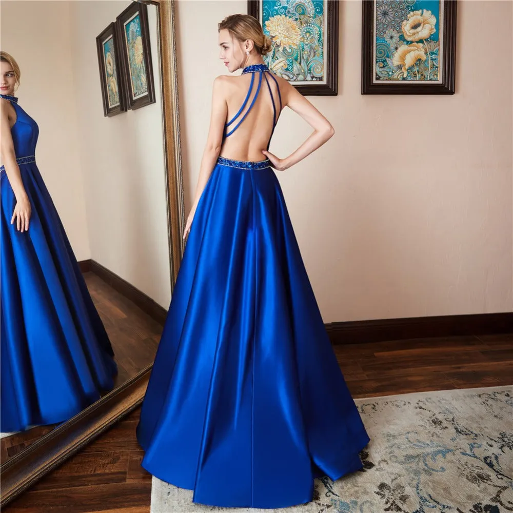 Halter Sleeveless A Line Satin Prom Dresses Open Back Sequined Floor Length Evening Dresses