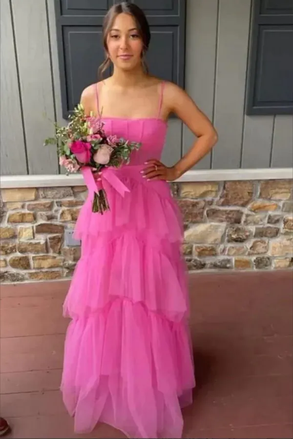 Hot Pink Tiered Tulle A Line Floor Length Prom Dresses, Evening Dresses APP0703