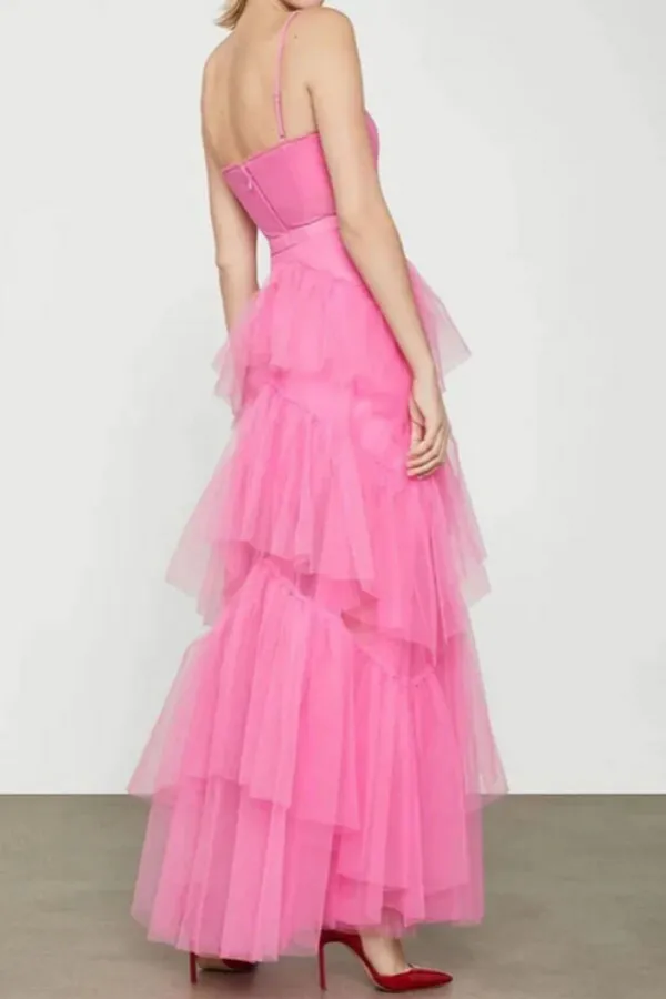 Hot Pink Tiered Tulle A Line Floor Length Prom Dresses, Evening Dresses APP0703