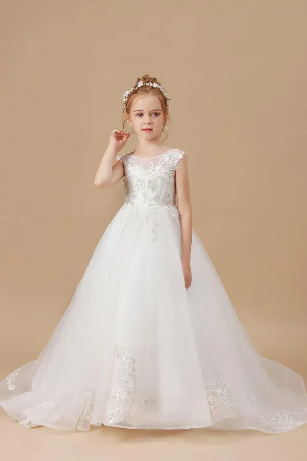 Ivory Sleeveless Applique Sweep trailing Multi Layer Tulle Flower Girl Dresses APF0014