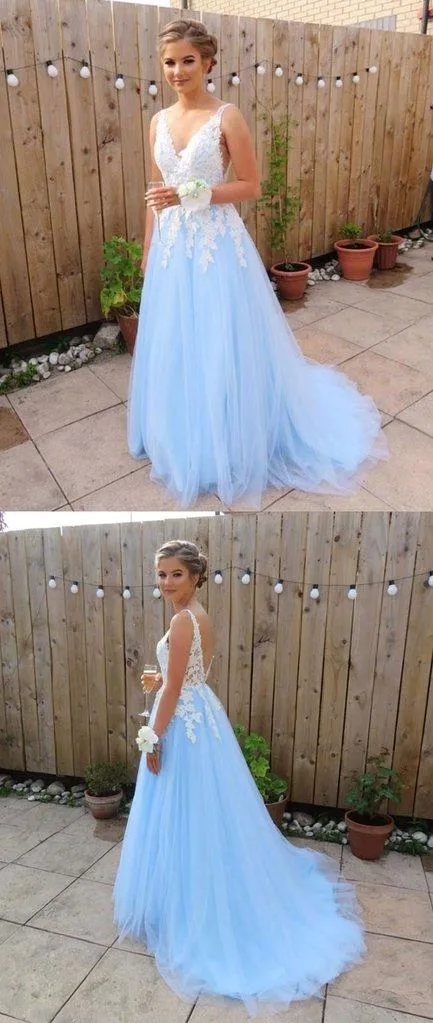 Lace Blue V neck Aplliques Prom Dresses Tulle Backless Evening dresses