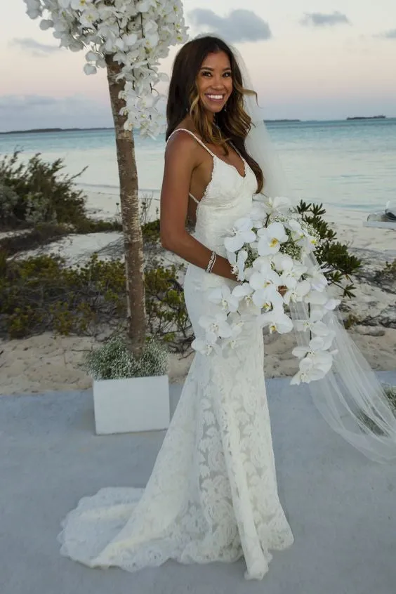 Lace Custom Size Bridal Wedding Dress, Spaghetti Straps Backless Beach Wedding Dresses