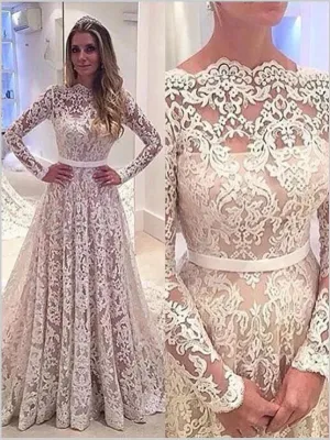 Lace Long Sleeves Princess Bateau Wedding Dresses Court Train Dress