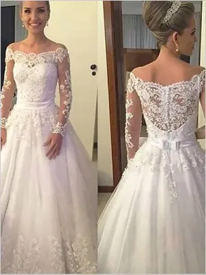 Lace Tulle Long Sleeves Off Shoulder Wedding Dresses Court Train Ball Gown
