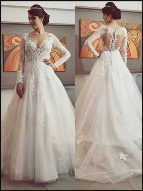 Lace Tulle V-neck Long Sleeves Wedding Dresses Court Train Ball Gown
