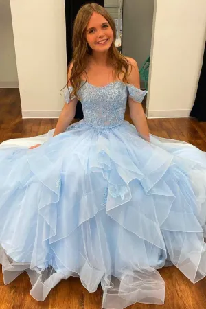Light Blue Tulle Off-The-Shoulder Tiered A Line Prom Evening Dress APP0752